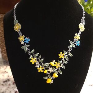Floral Silver Necklace with Yellow and Blue Accents